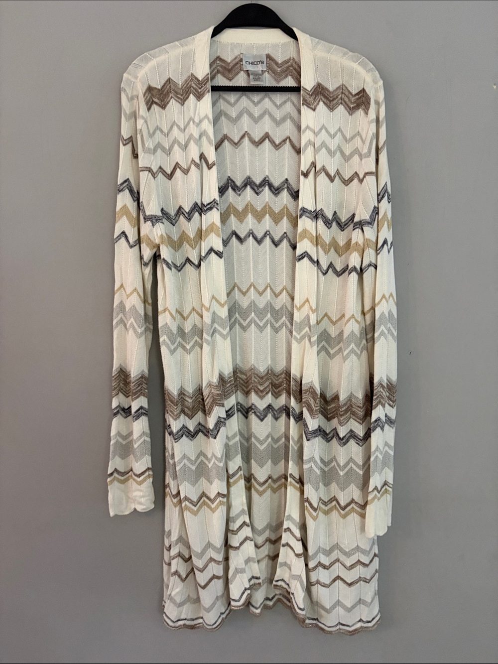 Chico's Cream Open-Front Chevron Cardigan with Neutral Stripes